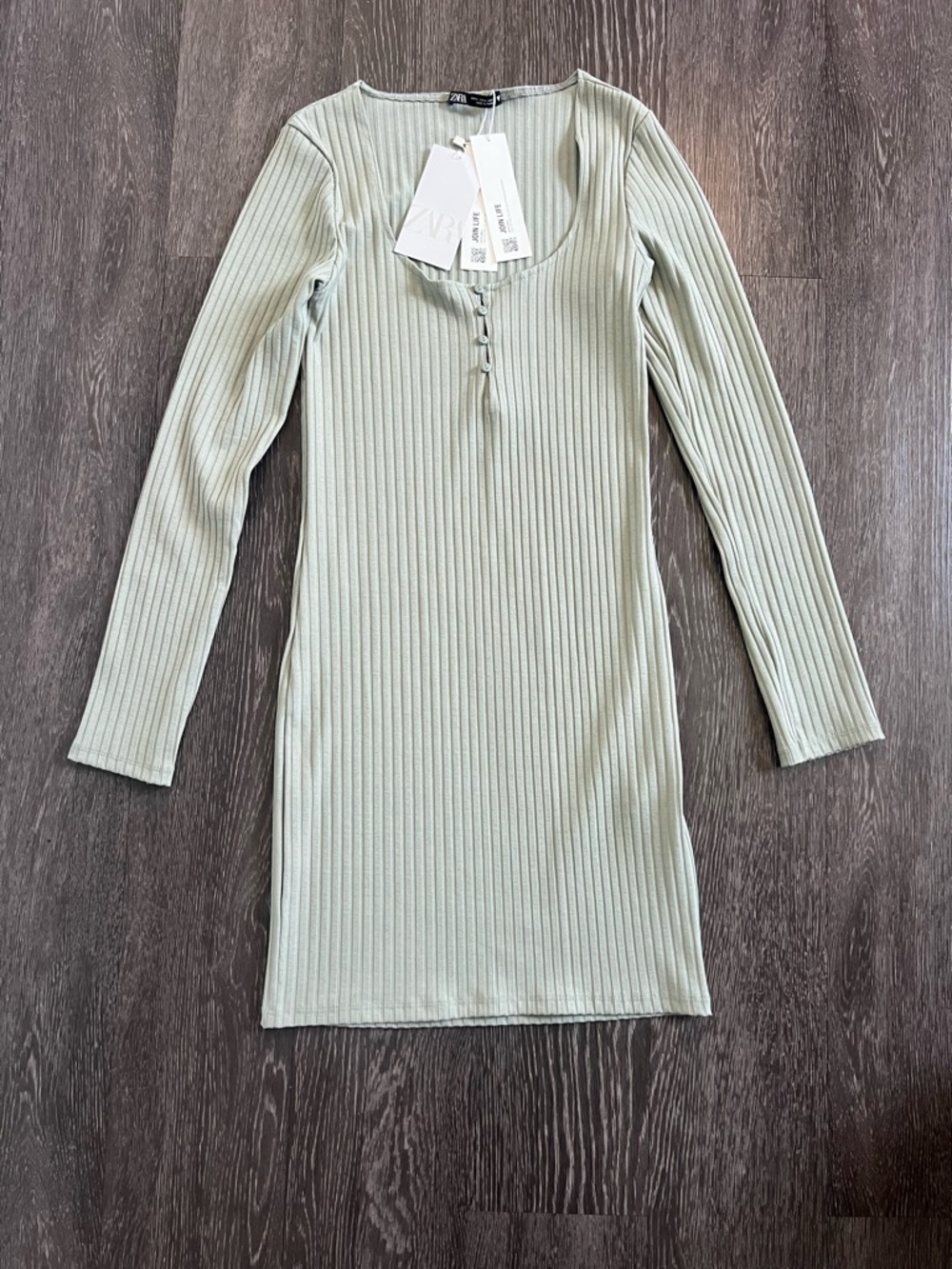 NWT Zara Sage Ribbed Long-Sleeve Scoop Neck Bodycon Dress